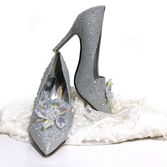 Geyunya Glitter Silver Sparkle Crystal Effect Cinderella Bridal Prom Heels - Picture 6 of 17